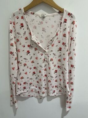 Lucky Brand White Henley with Pink & Red Floral Print